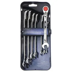 This 8-piece set includes metric combination wrenches with a 12-point ratcheting box end for faster fastener turning without repositioning. The wrenches are made of alloy steel with a chrome finish, covering head sizes from 8 mm to 19 mm. Suitable for tightening and loosening metric fasteners in automotive, machinery, and industrial applications.