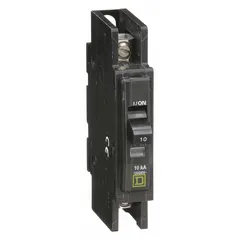 Single-pole, unit-mount miniature circuit breaker from the QOU Series. Rated 10 A at 120/240V AC with a maximum interrupting rating of 10kA at 120/240V AC. Suitable for overcurrent protection in air conditioning and refrigeration equipment.