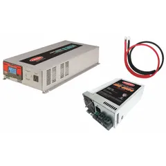 This TUNDRA multi-unit inverter with battery charger converts 10.5 to 15V DC input to 120V AC pure sine wave output with 6000W peak power. It also charges batteries from 105 to 130V AC mains, delivering 26.4V to 28.8V DC. DC connection is via input terminals. Suitable for mobile, marine, and backup power systems.