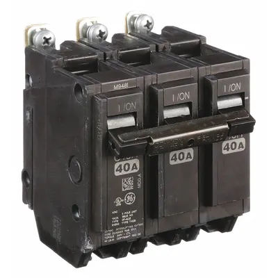 GE Miniature Circuit Breaker: THQB, 40 A, 120/240V AC, Three Phase, 10kA at 120/240V AC - THQB & THHQB Series, Bolt-On GE Miniature Circuit Breakers