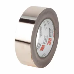 This conducting electrical tape features a non-conductive adhesive, suitable for applications requiring electrical conductivity with insulation. It is 36 yards long, 2.6 mil thick, rated for 600 volts, and brown in color. Commonly used for EMI shielding in electronic enclosures, cables, and circuit boards.
