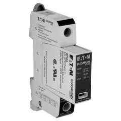 Single-pole surge protective device for DIN rail internal mounting. Rated 120/240VAC with 20 kA nominal discharge current and 1200V voltage protection rating. Used in electrical distribution systems to limit transient overvoltages.