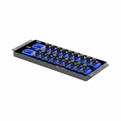 Socket tray with 18 clips for organizing sockets in workshops, garages, and tool rooms. Blue finish, overall width 3-5/8 in. Holds sockets securely on individual posts to reduce clutter and improve accessibility.