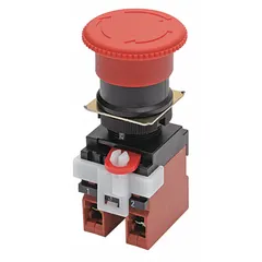 The OMRON A22E-M-12 is a non-illuminated, mushroom-head push button with maintained action. It features a non-metallic push button material and a 22 mm mounting hole. This device is commonly used in industrial control panels for emergency stop or other maintained switching functions.