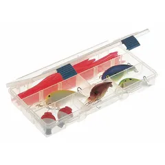 This clear plastic compartmented box from PLANO MOLDING features 9 compartments and 4 adjustable dividers for customizing storage layouts. It is designed for organizing small parts such as hardware, beads, or craft supplies. The transparent body allows quick visual identification of contents. This unit is not electrostatic discharge conductive.