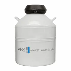 Aluminum cryogenic storage cannister with 20.2 L capacity, overall height 26 in, overall diameter 7 7/8 in. Includes LN2 measuring ruler. Used for storing biological samples, vaccines, and laboratory materials in liquid nitrogen.
