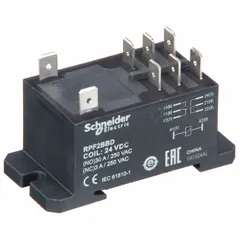 Combination DIN-rail and surface-mounted enclosed power relay with DPDT contacts, 24V DC coil, and 30 A current rating. Features 1/4 in tab terminals and a NC contact rating of 3 A at 28V DC. Suitable for industrial switching and control applications in panels and machinery.