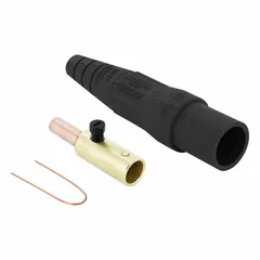 Male single pole inline plug from the 16 Series, rated 400 A and 600V AC/600V DC. Features a black housing with crimp tube termination for secure high-current connections. Suitable for industrial power distribution and heavy equipment applications.