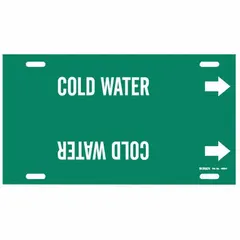 Green pipe marker with white 'Cold Water' legend and directional arrows. Fits pipe outer diameters from 6 to 7-7/8 inches. Single strap-on marker for identifying cold water piping systems in industrial facilities.