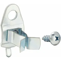 Steel spring clip with zinc-plated silver finish for round-hole pegboard. Fits 1/4 in and 1/8 in peg holes with 1 in hole spacing. Features screw-in locking system and surface mounting; includes screws. Suitable for holding tools in workshops, garages, and retail displays.