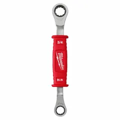 Forged steel double-end ratcheting box end wrench with 12-point configuration and tether-ready design. Natural finish, insulated for protection against electric shock. Head sizes: 3/4 in and 9/16 in. Suitable for tightening or loosening fasteners in electrical maintenance, repair, and installation tasks.