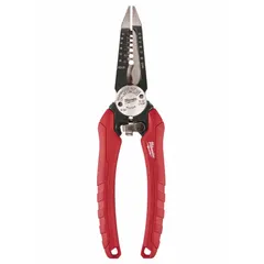 This multifunction wire stripper handles solid wire from 8 to 18 AWG. It features a rounded edge blade for clean stripping and a screw shear for cutting screws. The steel construction provides durability for electrical installation and maintenance tasks.