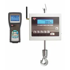 This TORBAL crane scale has a 150 lb capacity with 0.05 lb readability and weighs in ounces. It features a steel housing and a wireless remote indicator for safe operation. The scale includes a remote control and is used for suspended weighing in industrial settings such as warehouses and manufacturing.