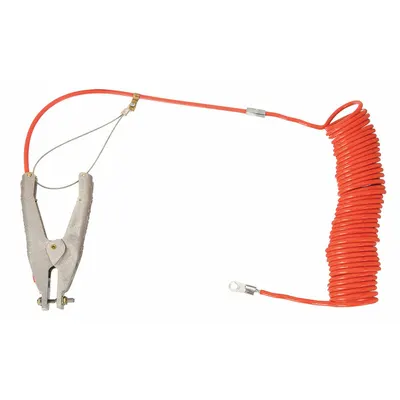 OEM Coiled Grounding Wire: Hand Clamp/Terminal, 20 ft, PVC, Orange - Terminated Bonding & Grounding Wires