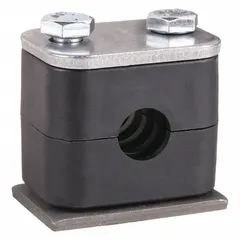 Steel clamp with polypropylene cushion for securing a single line. Ribbed bore provides grip and dampens vibration. Used in industrial piping systems to reduce noise and wear on tubing.