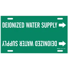 Strap-on pipe marker for identifying deionized water supply lines. Green background with white legend text. Fits pipe outer diameter 10 to 15 inches. Includes flow-direction arrows. Suitable for industrial piping systems requiring clear labeling of water treatment lines.