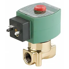 This 2-way, 2-position normally closed solenoid valve is designed for high-flow applications. It features a 1/4 in pipe size and operates on 110V AC voltage with a DIN connection. Suitable for on/off control of water, air, and light oil in industrial fluid systems.