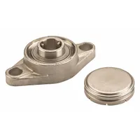 Stainless steel 2-bolt flange unit with cylindrical bore, set screw locking, and closed cap. Lubricated with FDA/USDA-H1 solid grease. Bore 1 1/4 in, length 5 13/32 in, width 1 3/4 in, mounting bolt size 5/8 in. Used in conveyors and processing equipment requiring washdown resistance