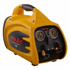 The PRO-SET TRS600 is an A2L-compatible refrigerant recovery machine with handle mobility. It recovers vapor at 0.5 lb/min and liquid at 7.8 lb/min, powered by a 2/3 hp motor. Suitable for recovering refrigerants from HVAC systems during service and maintenance.