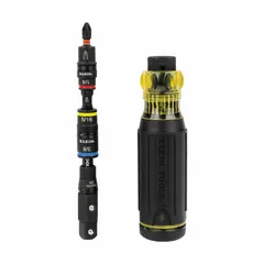 This combination multi-bit screw and nut driver has a 7 1/4 in overall length and a magnetic tip that holds fasteners securely. It is impact-rated and includes a #2 (Square) tip, suitable for use with Phillips, slotted, square, and Torx fasteners. Common applications include electrical, construction, and general maintenance tasks.
