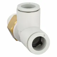 This SMC tee fitting is used to branch pneumatic or fluid lines in industrial automation, packaging, and material handling systems. It connects tubing securely without tools, enabling quick installation and maintenance in tight spaces. Constructed of polybutylene and brass with a white finish
