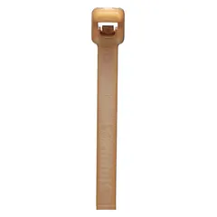 PANDUIT PLT2S-C71 high-temperature cable tie, 7-1/2 in nominal length, 2 in maximum bundle diameter, 0.19 in width. Brown color, rated for outdoor use. Suitable for bundling and securing cables in high-temperature environments such as industrial ovens, furnaces, and outdoor installations.