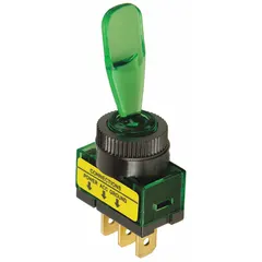 SPST toggle switch with On/Off function, green actuator and stem, and illumination in the On position. Panel mount design with three 1/4 in male terminals. Suitable for automotive and industrial control panel applications requiring a single-pole, single-throw switching action.