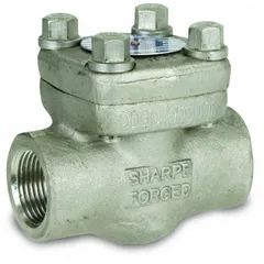 This forged steel inline piston check valve prevents backflow in piping systems. It features a carbon steel body with FNPSM x FNPSM connections and NPSM thread type. Designed for inline installation, it allows flow in one direction only, protecting pumps and equipment from reverse flow damage in industrial applications such as water, oil, and gas lines.
