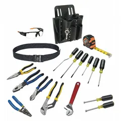 This 16-piece tool set includes a tool pouch, SAE wrenches sizes 11 through 19, a wire stripper, an adjustable wrench, tongue and groove pliers, four specialty screwdrivers, and safety glasses. Suitable for electrical installation, maintenance, and repair tasks in residential, commercial, and industrial settings.