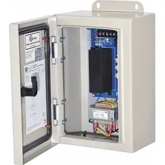 This linear power supply converts 115V AC input to regulated 12VDC at 2.5A. Housed in a steel NEMA 4 enclosure, it is suited for indoor or outdoor industrial applications requiring protection against dust and water.