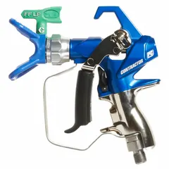 This GRACO airless spray gun is constructed with stainless steel for use with coatings, enamels, lacquers, and stains. It features a 1/4 in NPSM air inlet and delivers a 4 in to 4 in spray pattern. The gun includes a RAC X Tip Guard and is compatible with stains. Typical applications include painting and finishing tasks in industrial and commercial settings.