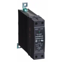 DIN-rail mounted solid state relay with SCR AC output. DC input current 8 to 12 mA, output voltage 24 to 280V AC, maximum output current 30 A without heat sink. Form A switch configuration, box clamp connection, finger-safe design. Suitable for switching AC loads in industrial control panels and automation systems.