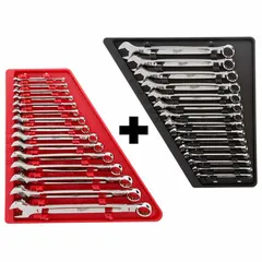 This 30-piece combination wrench set includes both SAE and Metric 12-point sizes, made from alloy steel with a chrome finish. Each wrench features a 15° head offset angle for improved access to fasteners. The set is organized in a tray for convenient storage and transport. Suitable for tightening and loosening fasteners in maintenance, repair, and assembly tasks.