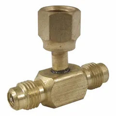 Multi-connection access valve with elbow configuration for HVAC and refrigeration service. Features a 1/4 in Male SAE right-hand connection and a 1/4 in Hex Female line. Includes cap and valve core. Supplied in a 3-pack.