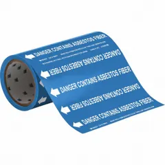 Blue pipe marker with white legend reading 'Danger Asbestos Insulation,' designed for pipe outer diameters of 2 inches and smaller. Includes directional arrows. Supplied on a roll for convenient application in industrial facilities where asbestos insulation is present.