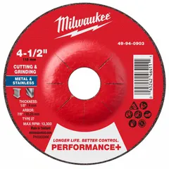 This MILWAUKEE Type 27 combination wheel is designed for cutting and grinding carbon and stainless steel. It features a zirconia alumina abrasive with 24 grit, allowing efficient material removal on ferrous metals. The 4-1/2" diameter and 1/8" thickness suit angle grinders for fabrication, maintenance, and repair tasks.