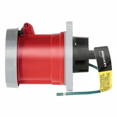 Washdown-rated pin and sleeve receptacle for industrial power connections in wet environments. Rated 480V AC, 100 A, three-phase, with 3 poles and 4 wires. Features IEC grounding. Suitable for applications requiring resistance to moisture and washdown conditions.