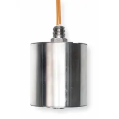 Side-mounted float switch with mechanically alternating operation and selectable SPST configuration. Stainless steel construction with lead wire termination and specific gravity rating of 0.55. Suitable for liquid level sensing in tanks or vessels.