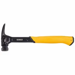 Steel curved-claw hammer with a 16 oz head weight, 1 1/4 in face diameter, and 13 in overall length. Features a textured rubber grip and rubber handle for secure control. Suitable for general striking and nail-pulling tasks in construction and carpentry.