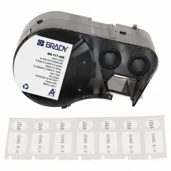 Thermal transfer precut label roll cartridge, rectangle shape, 1/2 in x 29/32 in, made of Cryogenic Autoclavable Nylon. Designed for labeling 1.5 to 2.0 mL vials or tubes. Compatible with BMP53 printer series.