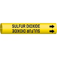 Yellow snap-on pipe marker with black legend reading 'Sulfur Dioxide' and directional arrows. Fits pipe outer diameters from 1-1/2 to 2-3/8 inches. Used to identify pipes carrying sulfur dioxide in industrial piping systems
