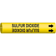 Yellow snap-on pipe marker with black legend reading 'Sulfur Dioxide' and directional arrows. Fits pipe outer diameters from 1-1/2 to 2-3/8 inches. Used to identify pipes carrying sulfur dioxide in industrial piping systems.