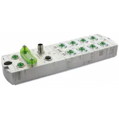 Surface-mount industrial Ethernet switch with 10 M12 ports supporting 1000 Mbps/Ethernet. Features Auto-Crossover and IP67 rating for dust and water resistance. Maximum input voltage 30V DC. Suitable for connecting devices in harsh factory automation environments.