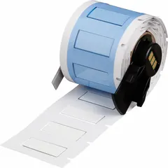 Polyolefin, white (matte) sleeve label roll for wire and cable identification. Each label measures 1 in x 7/16 in and accommodates 8 AWG to 16 AWG wire gauge. Compatible with BMP61 printer series for on-demand printing in industrial settings.