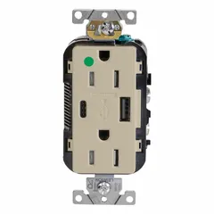This hospital-grade duplex receptacle combines a 5-15R outlet rated 125 VAC and 15 A with integrated USB Type A and Type C charging ports. The ivory unit is designed for use in healthcare facilities, patient rooms, and clinical environments where reliable power and device charging are required.
