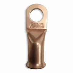 This straight side terminal lug is made of copper and accepts 2/0 gauge wire. It is designed for a 1/2 inch stud and supports both crimp and solder connections. Typical applications include terminating cables in battery banks, electrical panels, and heavy equipment.