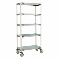 This mobile shelving unit features five standalone shelves constructed from 304 stainless steel with antimicrobial and corrosion-resistant properties. It is NSF approved and equipped with two swivel casters for mobility. Suitable for harsh environments requiring hygienic storage.
