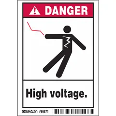 Polyester adhesive sign for marking high voltage hazards. Nominal size 5 in x 3 1/2 in, 0.01 in thick. Not retroreflective, not glow-in-the-dark, no anti-slip surface. Suitable for application to equipment, panels, or walls in industrial settings.