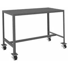 Fixed-height worktable with a powder-coated steel top and welded frame. Fully assembled with four swivel locking casters with phenolic wheels. Overall load capacity of 3,000 lb. Suitable for industrial workstations, assembly lines, and warehouse applications requiring a heavy-duty mobile surface.