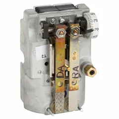 Pneumatic thermostat for heating and cooling control in commercial HVAC systems. Direct action at 20 psig and reverse action at 15 psig. Two-pipe high-volume air flow output. Vertical mounting; cover not included.